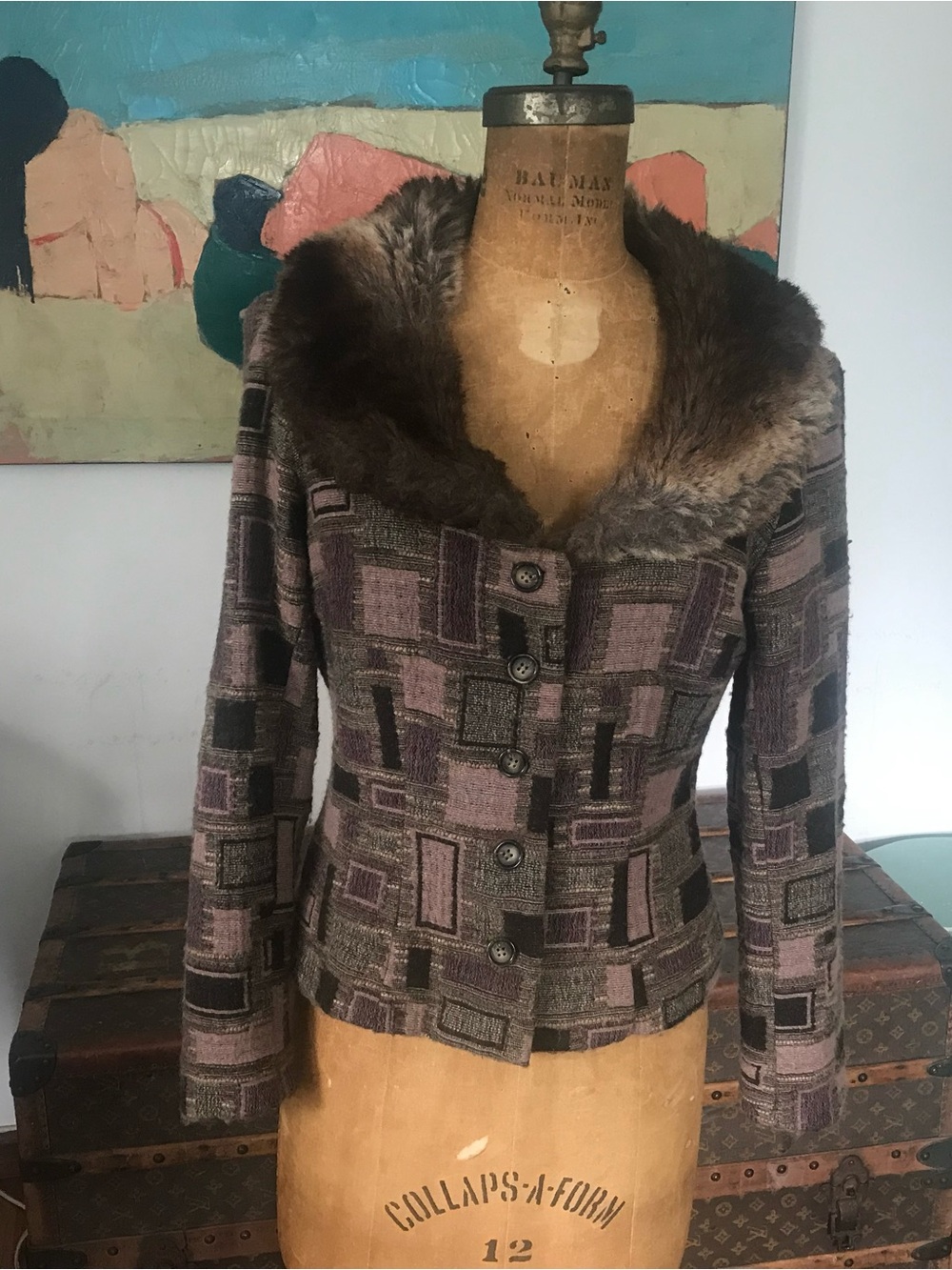 Vintage Women’s Patchwork Wool-Blend Jacket with Faux Fur Collar - Pink/Gray